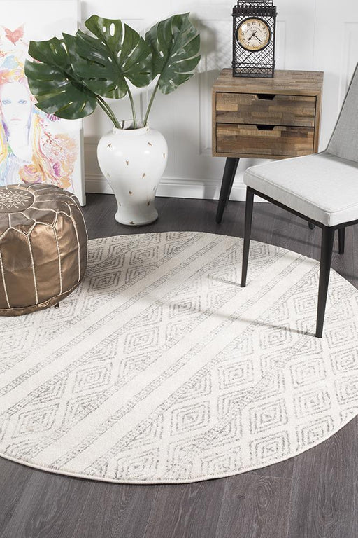 Oren White & Grey Round Bohemian Lattice Stripe Contemporary Rug, Rugs, Ozark Home 