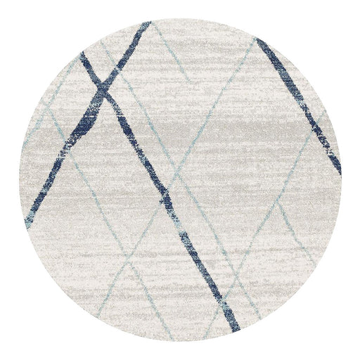 Oren White & Blue Round Bohemian Diamond Stroke Contemporary Rug, Rugs, Ozark Home 