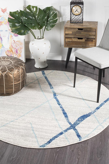 Oren White & Blue Round Bohemian Diamond Stroke Contemporary Rug, Rugs, Ozark Home 