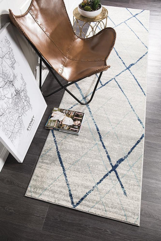 Oren White & Blue Bohemian Diamond Stroke Contemporary Runner Rug, Rugs, Ozark Home 