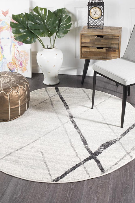 Oren White & Grey Round Bohemian Diamond Stroke Contemporary Rug, Rugs, Ozark Home 