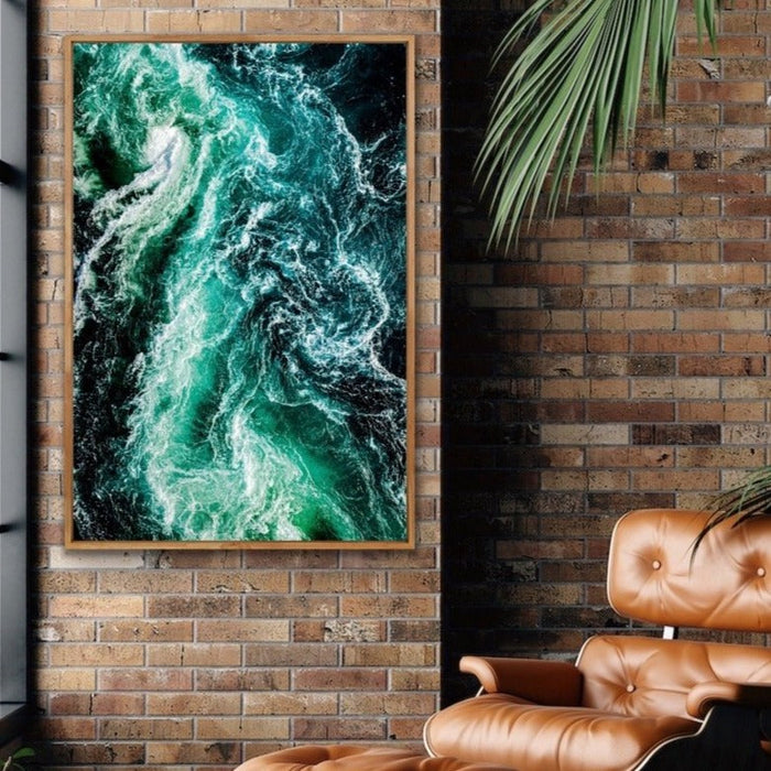 Ocean Wake - Green Turquoise Ocean Aerial Art Print Stretched Canvas Wall Art