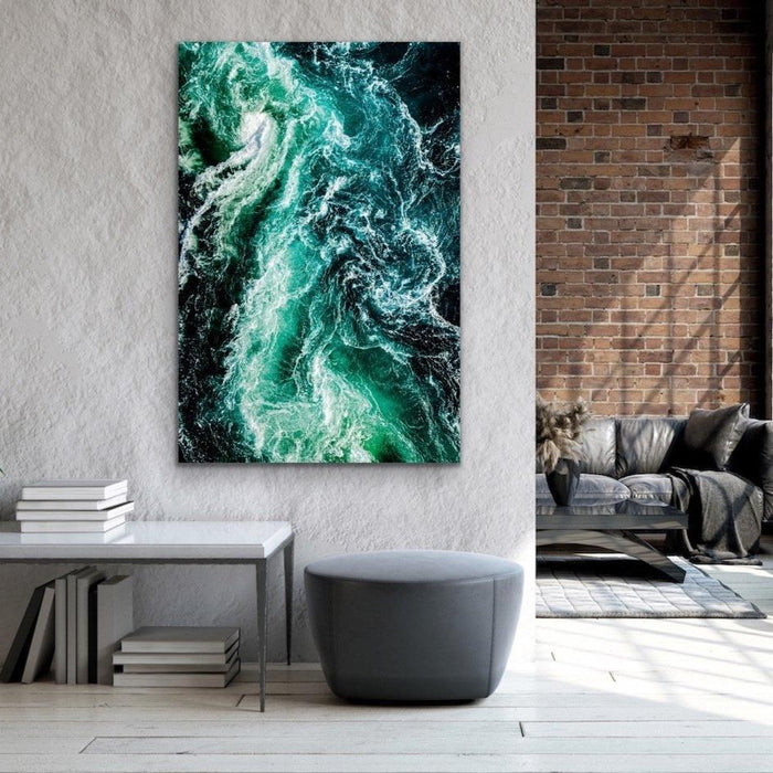 Ocean Wake - Green Turquoise Ocean Aerial Art Print Stretched Canvas Wall Art