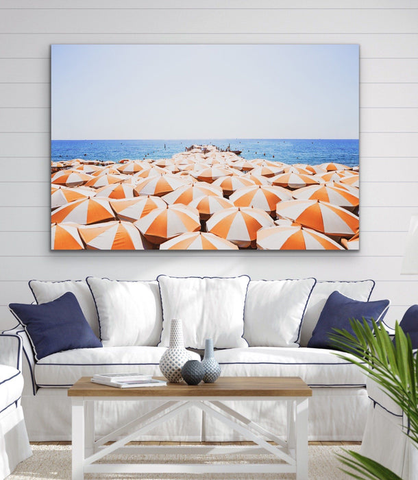 Orange Umbrellas - Busy Beach Print With Umbrellas Along The Shore