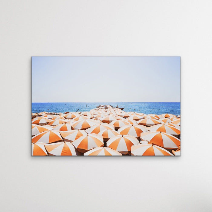 Orange Umbrellas - Busy Beach Print With Umbrellas Along The Shore