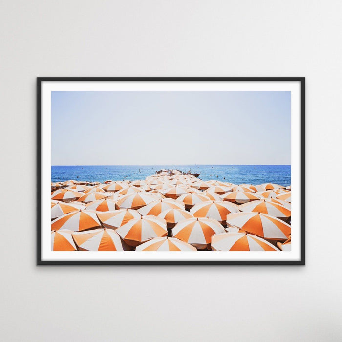 Orange Umbrellas - Busy Beach Print With Umbrellas Along The Shore