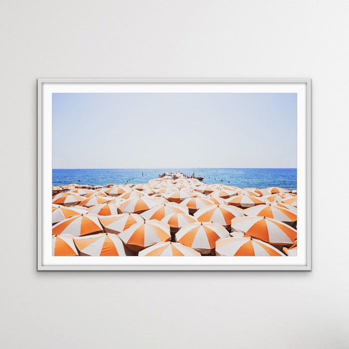 Orange Umbrellas - Busy Beach Print With Umbrellas Along The Shore