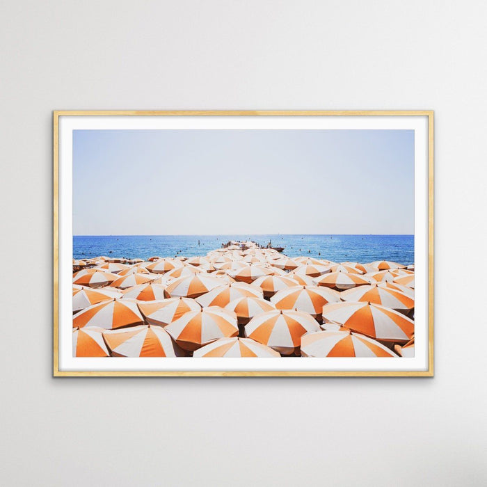 Orange Umbrellas - Busy Beach Print With Umbrellas Along The Shore