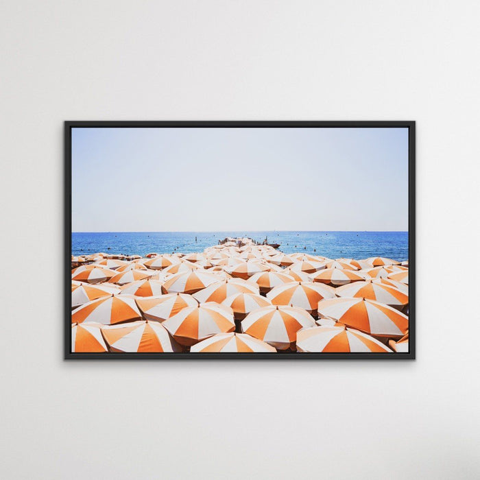 Orange Umbrellas - Busy Beach Print With Umbrellas Along The Shore