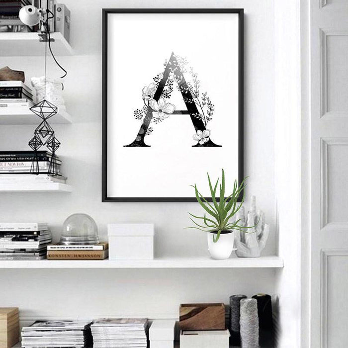 Custom Personalised Floral Watercolour B&W Initial - Art Print - Ozark Home