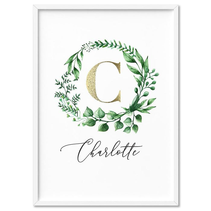 Custom Kids / Baby Initial & Name, in Natural Wreath (faux look foil) - Art Print, Wall Art, Ozark Home 