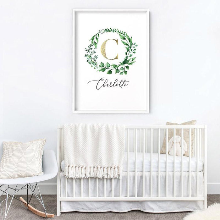 Custom Kids / Baby Initial & Name, in Natural Wreath (faux look foil) - Art Print, Wall Art, Ozark Home 