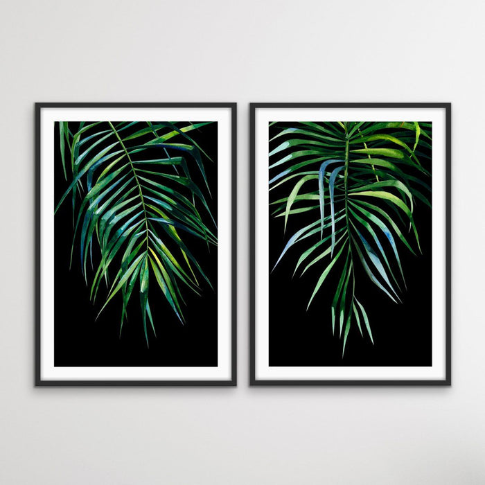 Palms On Black - Two Piece Watercolour Palm Illustrations On Black Background, Wall Art, Ozark Home 