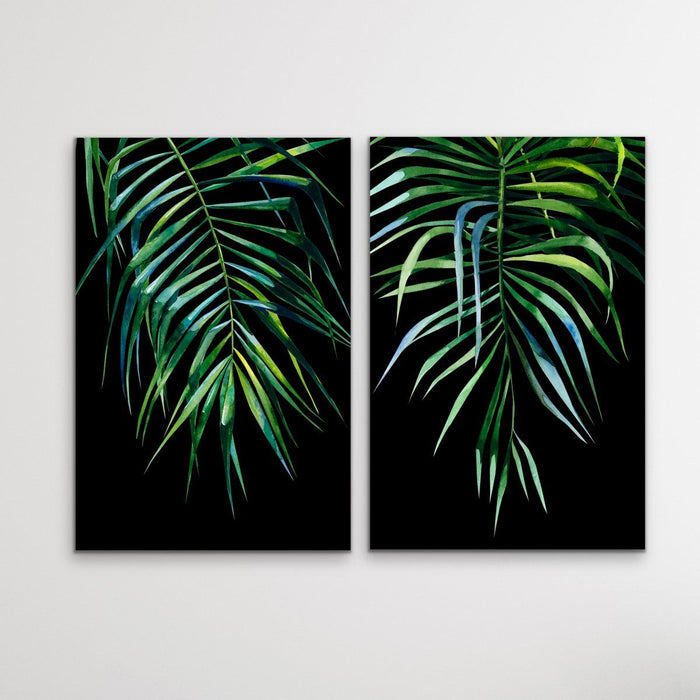 Palms On Black - Two Piece Watercolour Palm Illustrations On Black Background, Wall Art, Ozark Home 