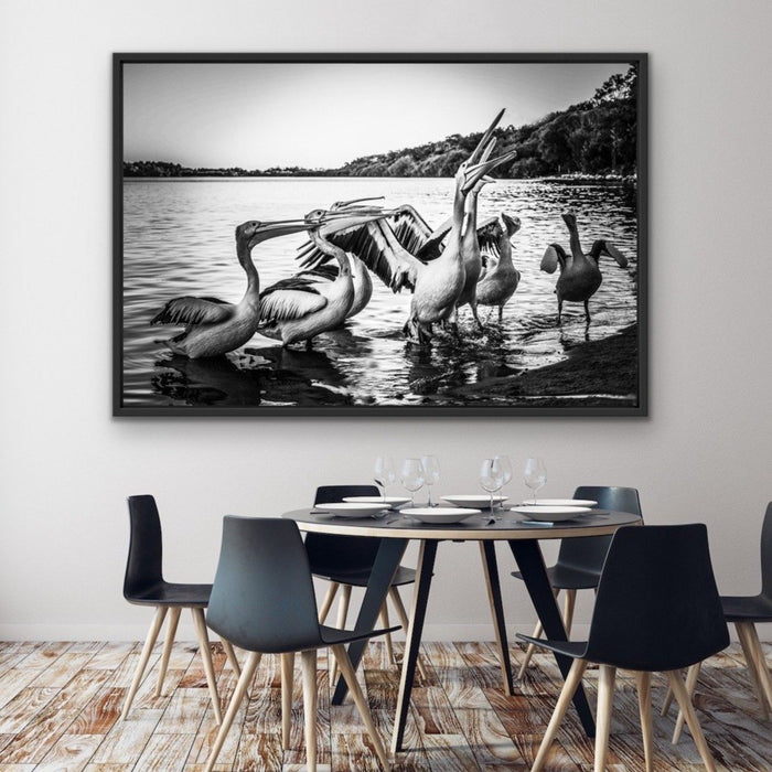 Pelicans On The Beach - Black and White Coastal Landscape Framed Canvas Print Wall Art Print, Wall Art, Ozark Home 