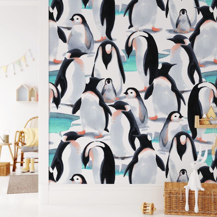 Penguin Colony - Watercolour Penguin Illustration Wallpaper