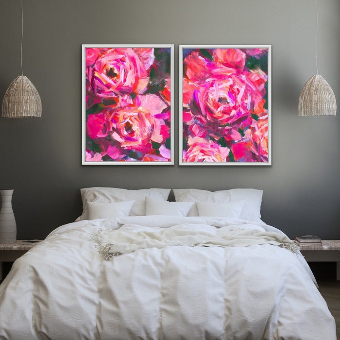 Pink Peony Pair - Two Piece Pink Peony Floral Oil Painting on Stretched Canvas Framed Wall Art, Wall Art, Ozark Home 