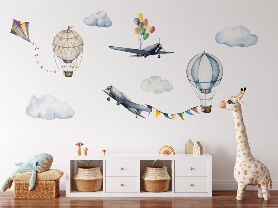 Planes and Balloons - Watercolour Decal Set Featuring Planes Kits and Hot Air Balloons