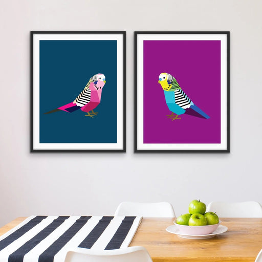 Poly Budgies Two Piece Set - Colourful Budgerigar Print Set, Wall Art, Ozark Home 