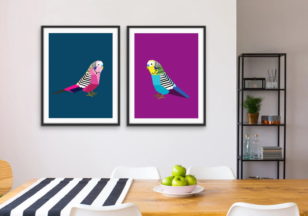 Poly Budgies Two Piece Set - Colourful Budgerigar Print Set, Wall Art, Ozark Home 