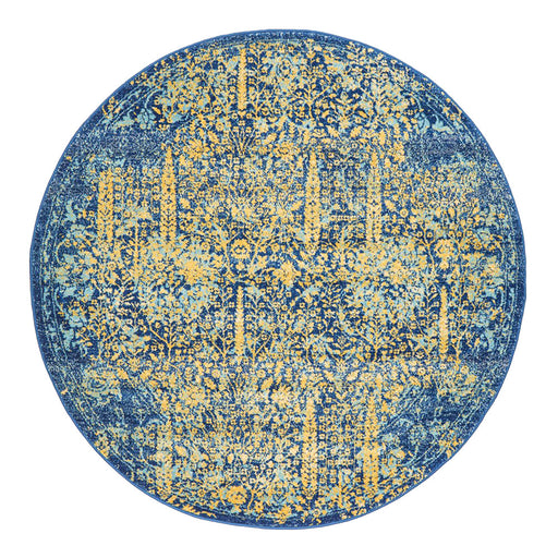 Reyhanli Royal Blue Round Transitional Yellow Medallion Contemporary Rug, Rugs, Ozark Home 