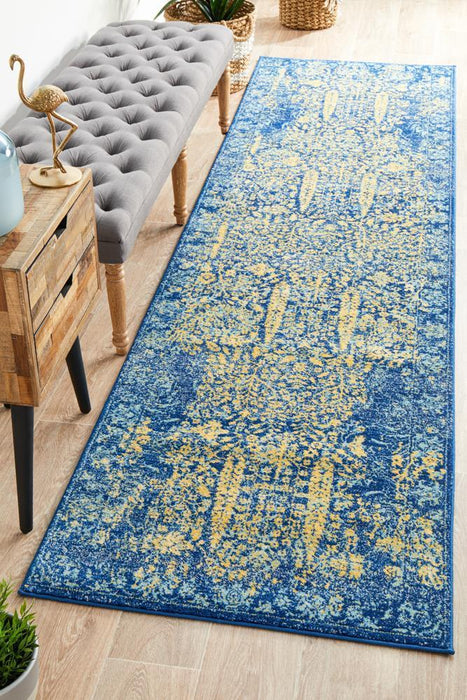 Reyhanli Royal Blue Transitional Yellow Medallion Contemporary Runner Rug, Rugs, Ozark Home 