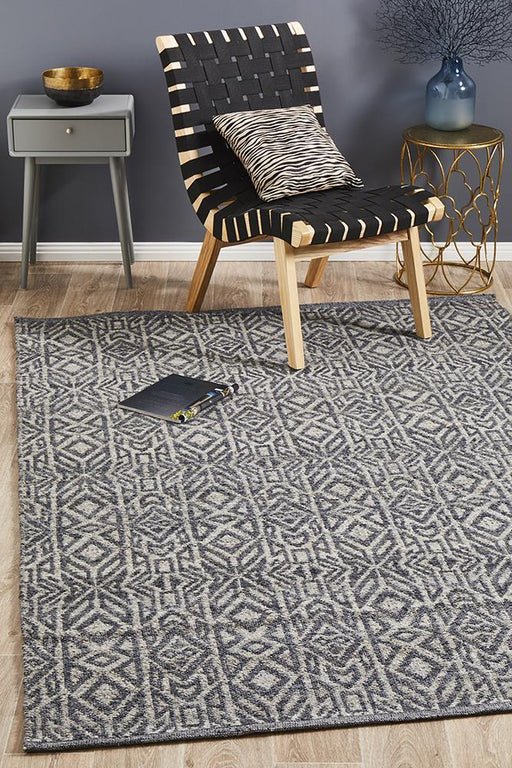 Raipur Graphite & Cobolt Blue Geometric Motif Handwoven Wool Rug, Rugs, Ozark Home 