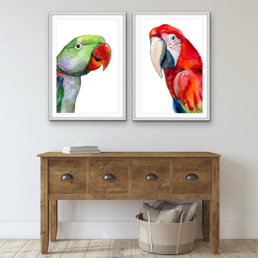 Red and Green Parrots - Watercolour Artwork Print Set of Red and Green Parrots, Wall Art, Ozark Home 