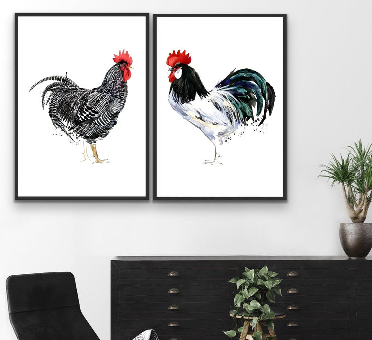 Rooster Stand Off - Two Piece Watercolour Rooster Canvas or Art Print Set, Wall Art, Ozark Home 