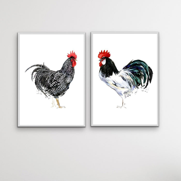 Rooster Stand Off - Two Piece Watercolour Rooster Canvas or Art Print Set, Wall Art, Ozark Home 