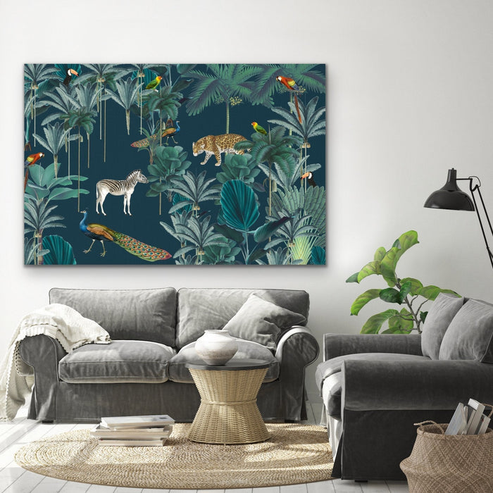 Royal Jungle - Dark Green Animalia Style Jungle Print with Cheetah Zebra Toucan