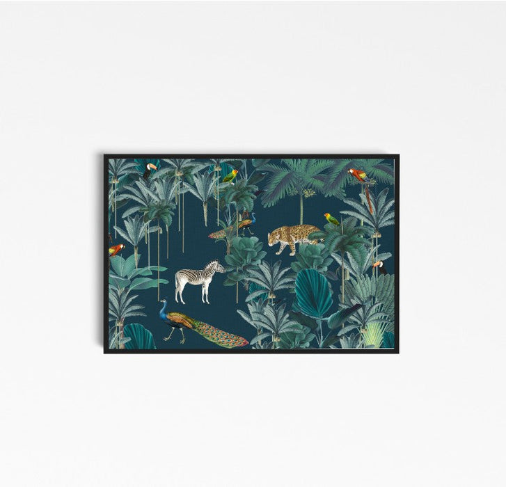 Royal Jungle - Dark Green Animalia Style Jungle Print with Cheetah Zebra Toucan