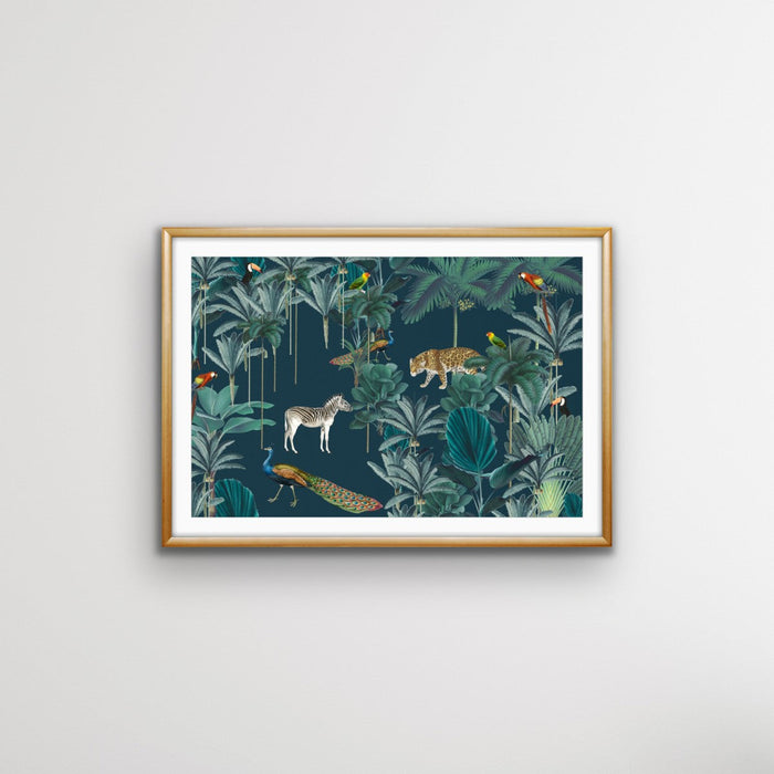 Royal Jungle - Dark Green Animalia Style Jungle Print with Cheetah Zebra Toucan