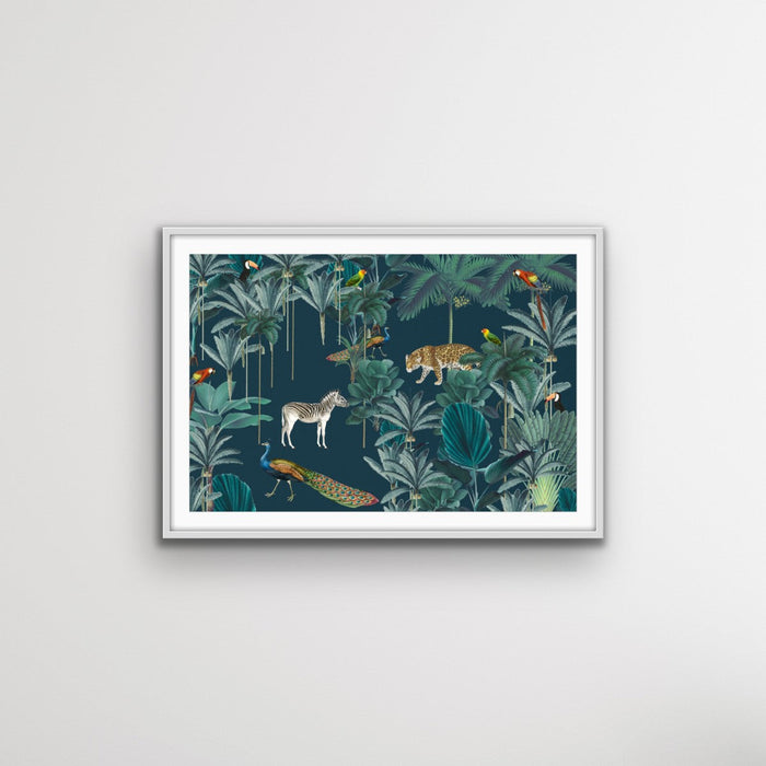 Royal Jungle - Dark Green Animalia Style Jungle Print with Cheetah Zebra Toucan