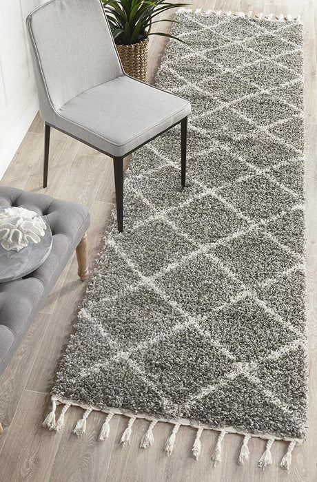 Serik Grey & White Moroccan Diamond Plush Contemporary Runner Rug, Rugs, Ozark Home 