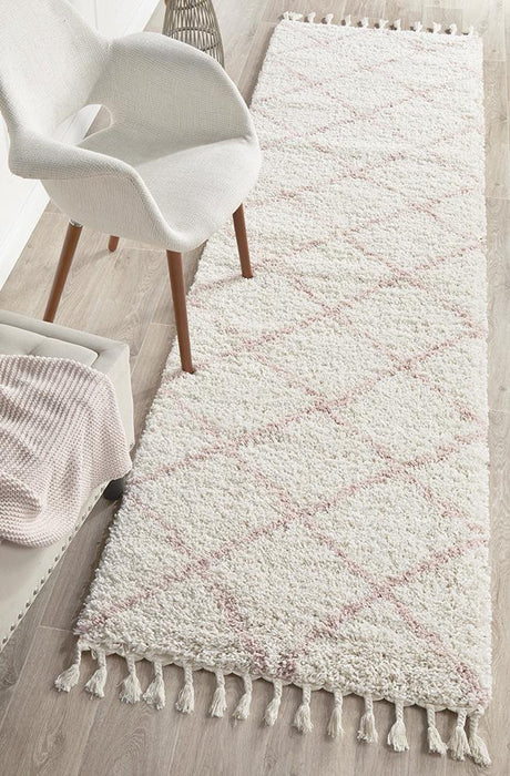 Serik White & Pink Moroccan Diamond Plush Contemporary Runner Rug, Rugs, Ozark Home 