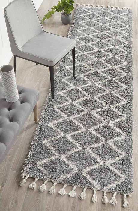 Serik Silver & White Moroccan Diamond Plush Contemporary Runner Rug, Rugs, Ozark Home 