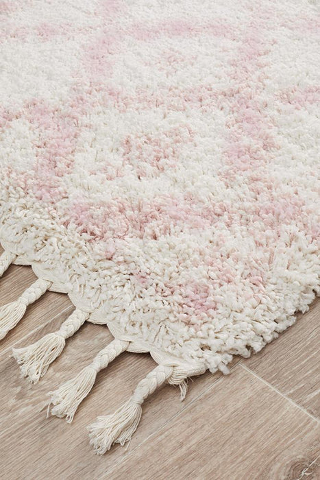 Serik White & Pink Moroccan Diamond Patchwork Plush Contemporary Runner Rug, Rugs, Ozark Home 