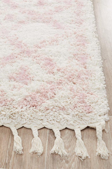 Serik White & Pink Moroccan Diamond Patchwork Plush Contemporary Runner Rug, Rugs, Ozark Home 