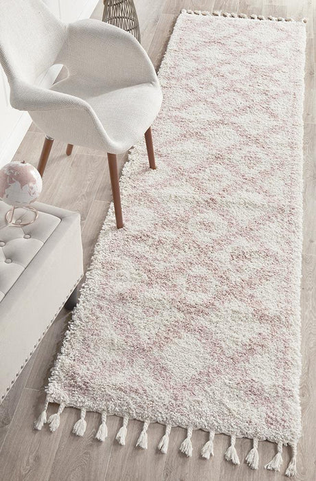 Serik White & Pink Moroccan Diamond Patchwork Plush Contemporary Runner Rug, Rugs, Ozark Home 