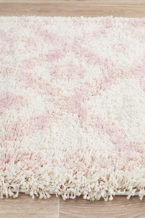 Serik White & Pink Moroccan Diamond Patchwork Plush Contemporary Runner Rug, Rugs, Ozark Home 