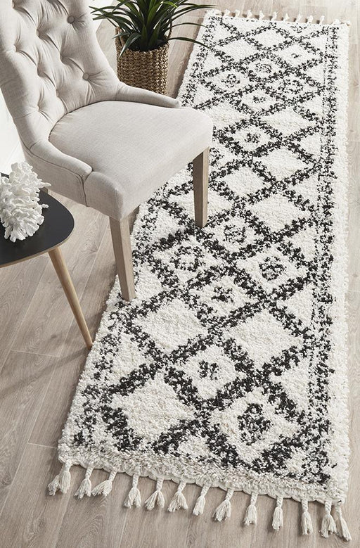 Serik White & Grey Moroccan Diamond Patchwork Plush Contemporary Runner Rug, Rugs, Ozark Home 