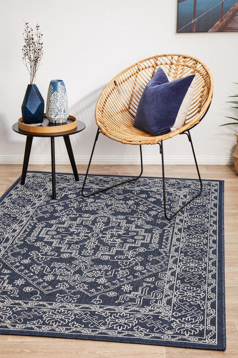 Sidfa Navy & White Aztec Summer Medallion Contemporary Indoor/Outdoor Rug, Rugs, Ozark Home 