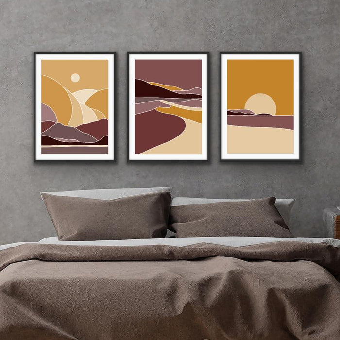 Sahara - Three Piece Geometric Orange and Red Desert Boho Print Set, Wall Art, Ozark Home 