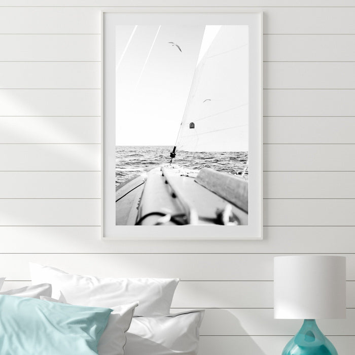 Sail Away - Black and White Yacht Boating Sailing Framed Canvas Print Wall Art Print, Wall Art, Ozark Home 