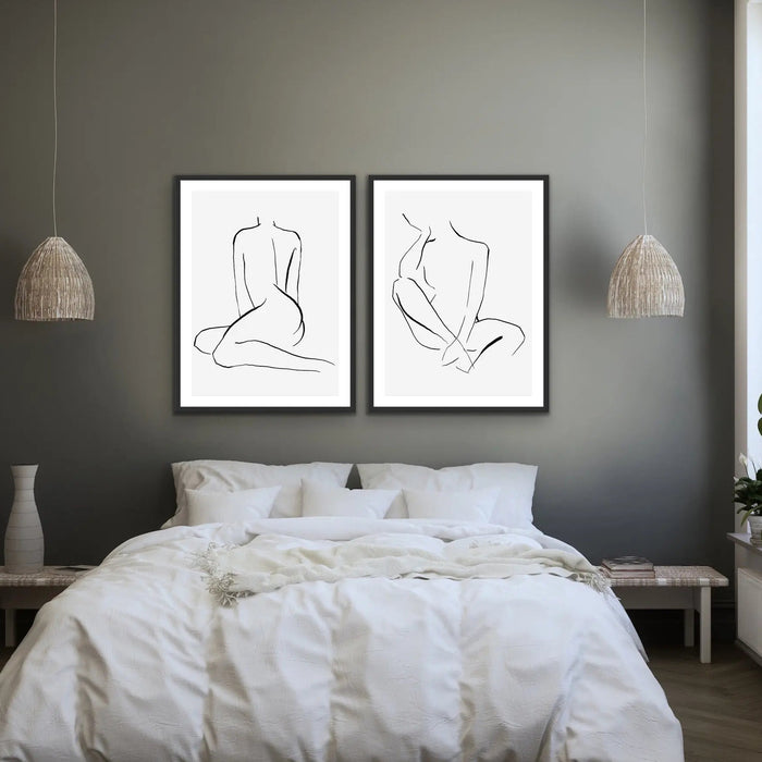 Shape - Two Piece Nude Woman Line Drawing Print Set, Wall Art, Ozark Home 