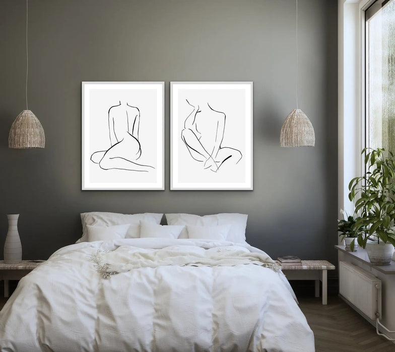 Shape - Two Piece Nude Woman Line Drawing Print Set, Wall Art, Ozark Home 