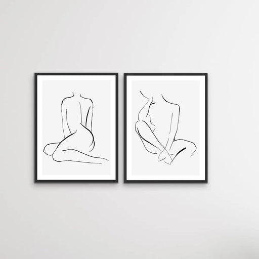 Shape - Two Piece Nude Woman Line Drawing Print Set, Wall Art, Ozark Home 