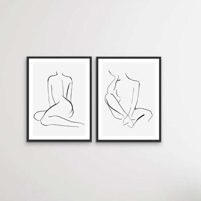 Shape - Two Piece Nude Woman Line Drawing Print Set, Wall Art, Ozark Home 