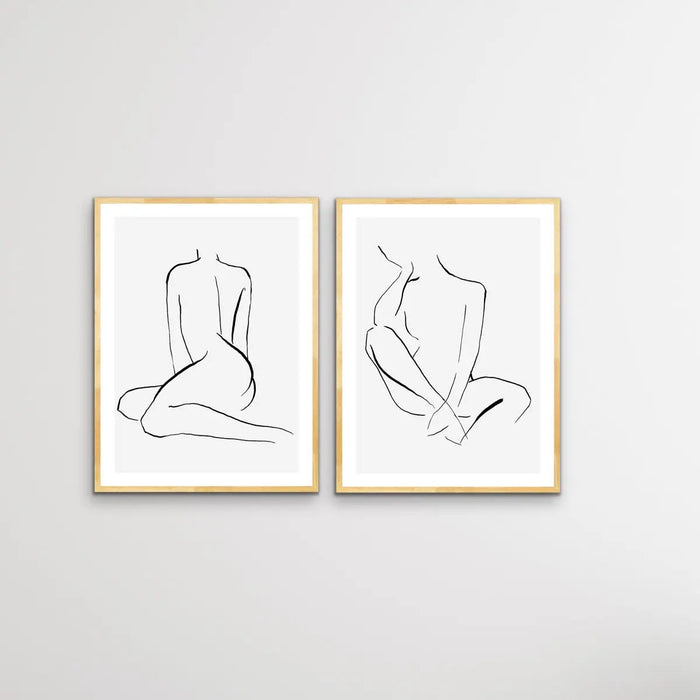 Shape - Two Piece Nude Woman Line Drawing Print Set, Wall Art, Ozark Home 